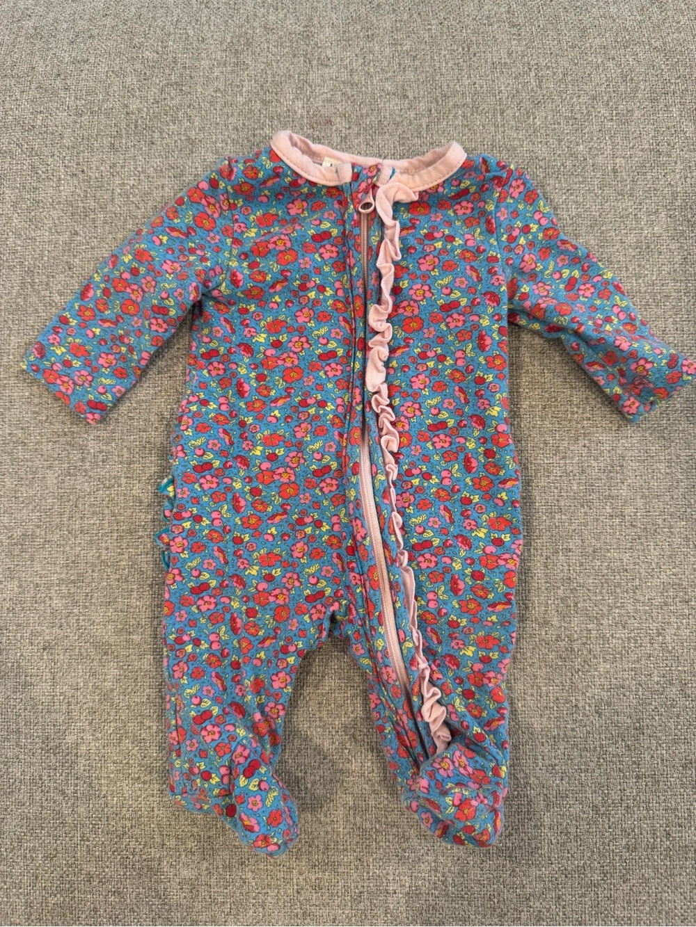 Floral Ruffle Front Footed One-Piece in Pink and Blue